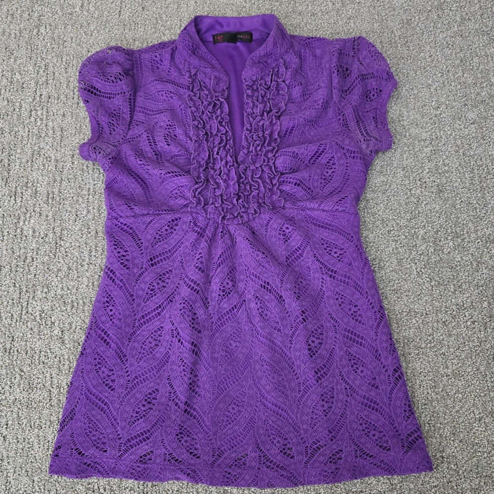 HeartSoul Purple Ruffle Lace Knit Tunic Top Womens S Boho Fairy Grunge Y2K